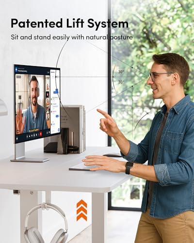 FEZIBO 55 x 24 Inchs Electric Standing Desk, Height Adjustable, Sit Stand Up, Computer Office Desk with Splice Board, White Frame/White Top