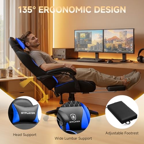 GTPLAYER Gaming Chair, High Back Leather Computer Gaming Chair with Footrest, Ergonomic Height Adjustable Office Chair with Removable Cover and Lumbar Support for Gaming & Work,Blue