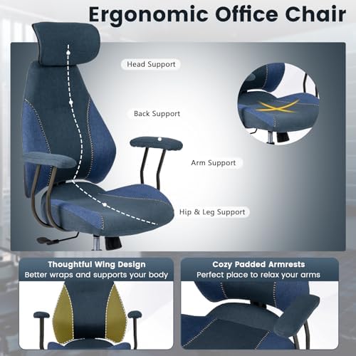 GIANTEX Ergonomic Office Chair, Mid Century Modern Fabric Computer Desk Chair with 2D Headrest, Rocking Backrest & Wheels, Vintage High Back Rolling Chair for Executive, Blue