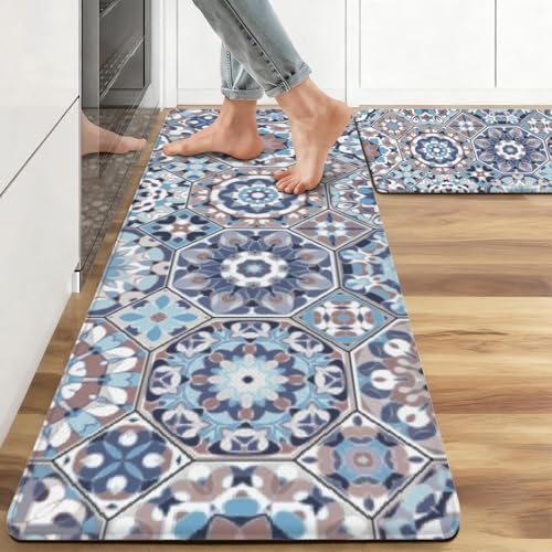 Farmhouse Boho Anti Fatigue Kitchen Mats, 17.3"x47"+17.3"x29", Blue