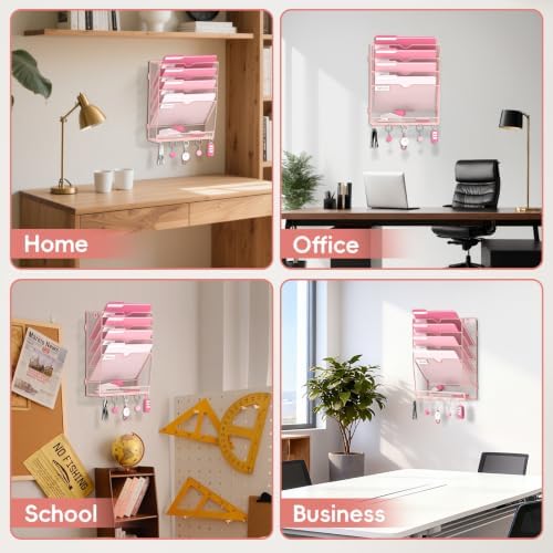 Wall File Holder Hanging Wall File Organizer, Wall Mount Mail Holder and Paper Organizer with Bottom Shelf & 5 Hooks for Office Home School (5 Tier Pink)