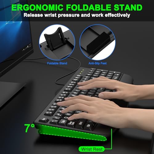 QUASIO Large Print Keyboard, 2.4G Full-Sized Ergonomic WiredComputer Keyboard with Wrist Rest for Windows, Mac OS Laptop/PC/Desktop/Notebook(Large Print Black)