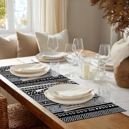 Shrahala Traditional African Geometric Set of 8 12 X 18 Inch Linen Placemats, Black and White Tribal Ethnic Burlap Table Mat Washable Double Layered Heat Insulation for Indoor/Outdoor