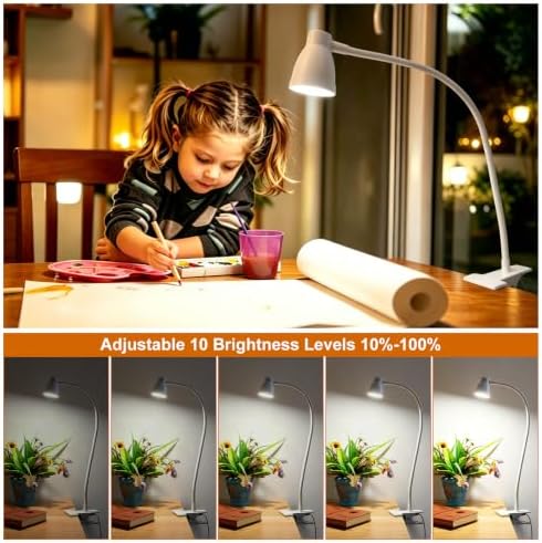 LED Clip Light 3 Color 10 Brightness Dimmable Clamp Desk Lamp White