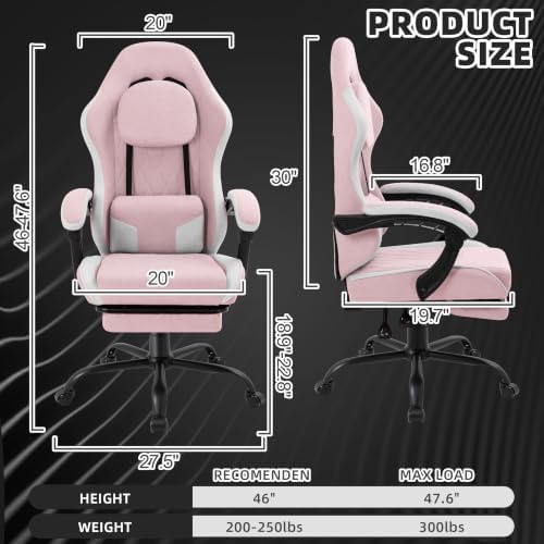 Gaming Chair for Adults, Fabric Gaming Chair with Footrest and Pocket Spring Cushion, Ergonomic Gamer Chair with Lumbar Support, Reclining Computer Gaming Chair with High Back, Pink