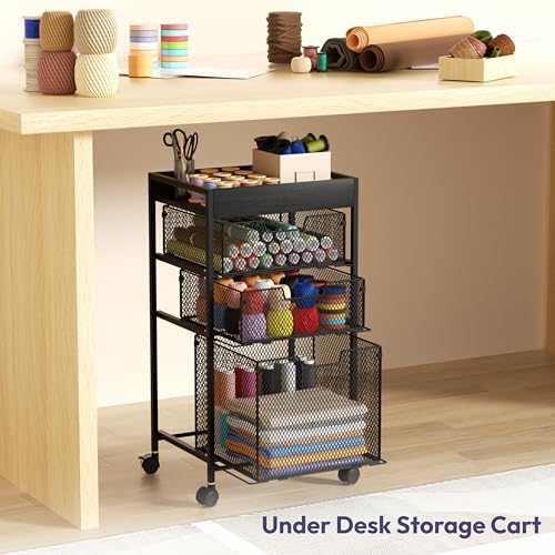 SWTYMIKI Rolling File Cart with Drawers - 4 Tier Under Desk Storage Craft Rolling Organizer Cart - Office Storage &Organization, Mobile Metal Filing Cabinet for Office and Home Black