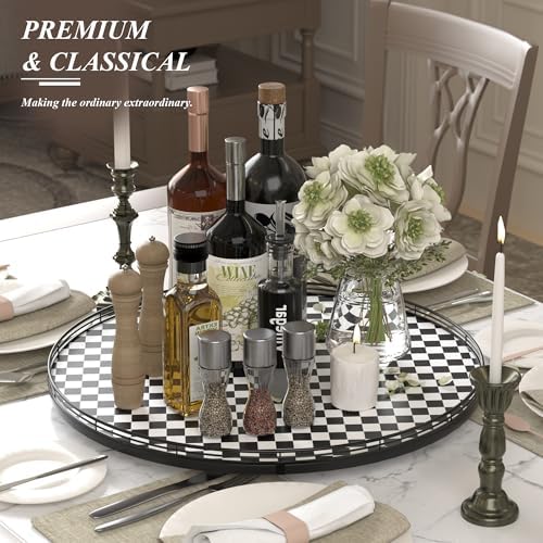 AMH 24-Inch Black and White Checkerboard Lazy Susan Decorative Tray