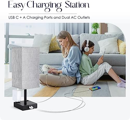Bedside Table Lamp for Bedroom - Touch Small Lamp with USB C+A Charging Ports & AC Outlets, 3 Way Dimmable Nightstand Light for Living Room (LED Bulb Included, Grey)
