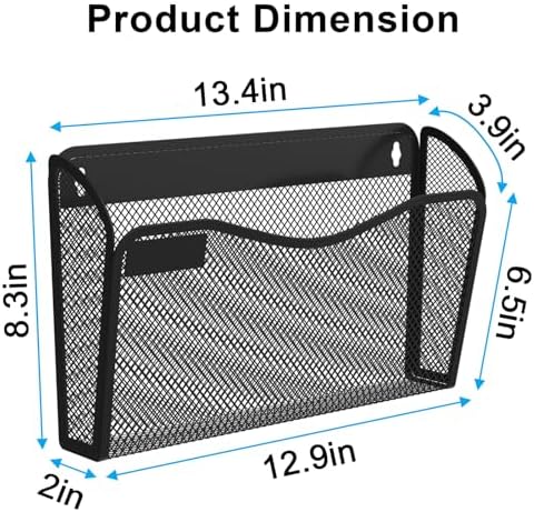 BOHDK Wall File Organizer, 3 Single Pockets Mesh Hanging File Organizer, Mount Document Magazine Rack with Labels, Hanging File Folders for Office, Home and School, Black
