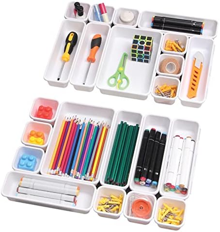 Set of 22 Interlocking Desk Drawer Organizer Tray Dividers Plastic Shallow Narrow Drawers Organizers Separators Storage Bins Container for Kitchen Bathroom Makeup Office Vanity Bedroom Dresser White