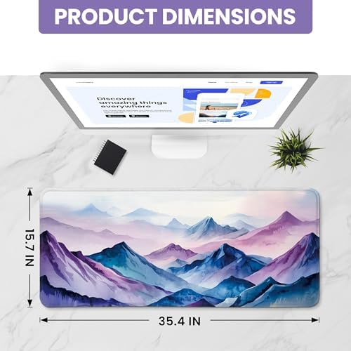 Aesthetic Desk Mat, Cute Distant Peaks Desk Pad Protector for Work & Decor, 35.4" x 15.7", Pretty Non-Slip Extended Mouse Pad for Office or Home