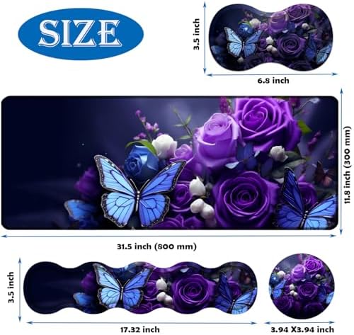 Mouse Pad Combo, Large Gaming Mouse Pad + Keyboard Wrist Support + Mouse Wrist Rest + Coaster, Table Pad 31.5 "x 11.8" with Memory Foam Ergonomic Wrist Pad Set, Purple Roses and Butterflies
