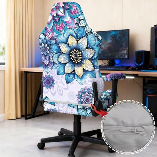 Boho Mandala Flower Print Gaming Chair Cover with Armrest Covers Stretch Non Slip Furniture Protector Washable Anti Dust Gamer Chair Slipcover