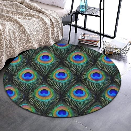 Soft Round Yoga Carpet, Large Home Decor Mat, Non Slip Machine Washable Kitchen Office Circle Rug Peacock Feathers