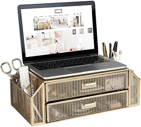 BLU MONACO | Monitor Stand with Drawer Storage | Desk Top Monitor Stand Riser Gold | Computer Support Organizer Elevador de Monitor