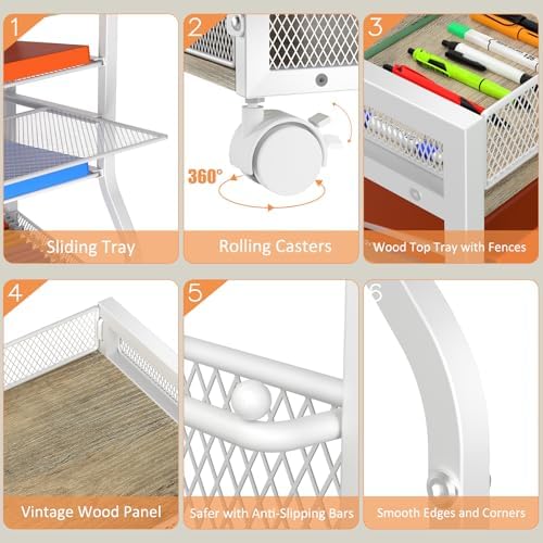 3IngSeagulls Rolling File Cart, 5-Tier Mobile Filing Cabinet on Lockable Wheels, Under Desk Storage, Office Hanging Folder Storage Organization Mobile Cabinet for Office, Home, and School, White
