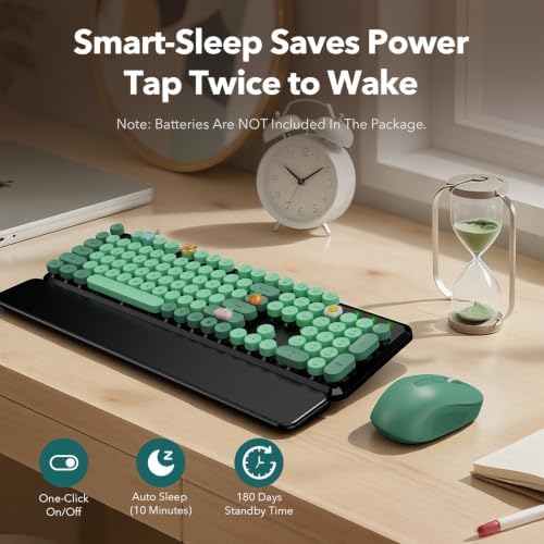 Wireless Keyboard and Mouse, Round Keycap, Magnetic Wrist Rest, Green Black