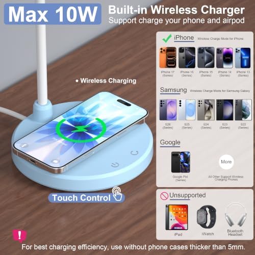 Blue Desk Lamp, Table Lamp with Wireless Charger, 800LM, CRI95+