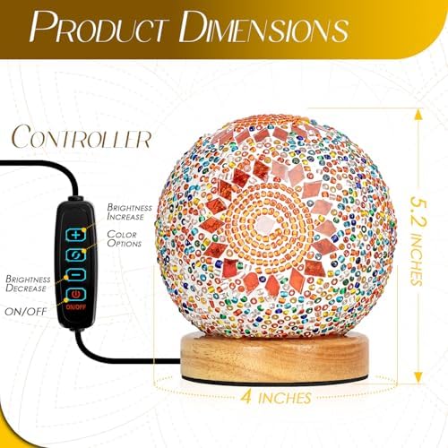 Turkish Mosaic Lamp, 3 Color Temperature Tiffany Bedside Lamp with USB Power, Moroccan Glass Lantern Table Lamp for Living Room Decor, Simple Control (D:4.7" x H:5.2") (Orange1)