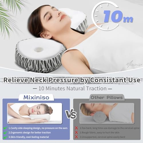 Neck Support Pillow, Cervical Neck Roll Memory Foam Pillow, Cervical Traction Device, Neck Pillow for Side Sleepers, Camping & Travel Pillow with Portable Bag