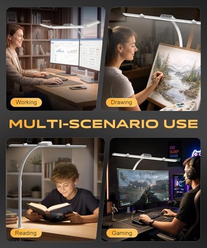 LED Desk Lamps for Home Office, Desk Light with Remote & Touch Control, Stepless Dimming,5CCT,Motion Sensor Auto On/Off, Eye-Caring Desk Lamp with Clamp for Study, Reading,Dual Monitors,White