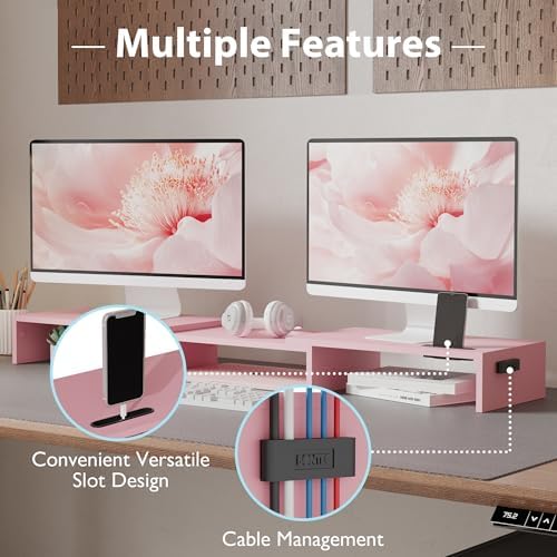 BONTEC Dual Monitor Stand Riser, Adjustable Length & Swivel Angle, Pink