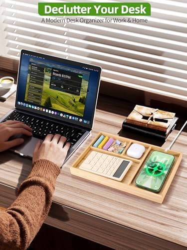Bamboo Valet Tray with Dual Wireless Charger - EDC Nightstand Organizer for Men - Desk Tray & Catchall for Phone, Watch, Keys - Aesthetic Desk Accessories & Father’s Day Gift for Men (Natural)
