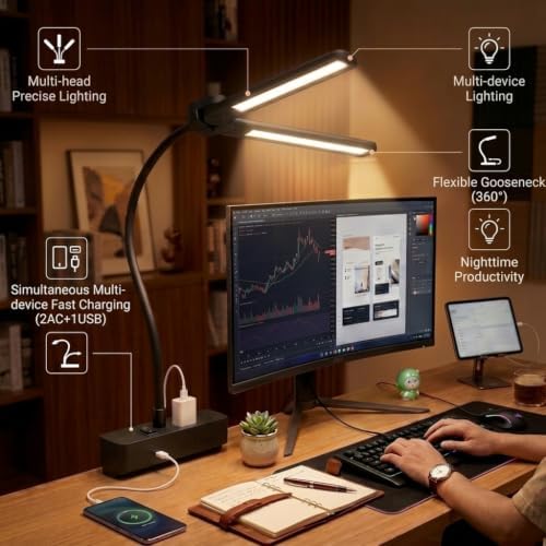 Drevet Led Desk Lamp for Office Home, Eye Caring Architect lamp with Clamp, 2AC&1USB-C Charging Port, 3 Brightness & 3 Color Modes Flexible Adjustable Lighting Table Lamp for Study Drafting