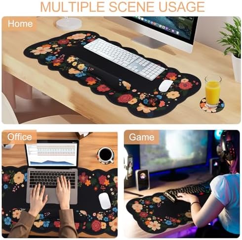 Petmolico Desk Pad Set with Wrist Rest for Keyboard & Mouse, Black Floral