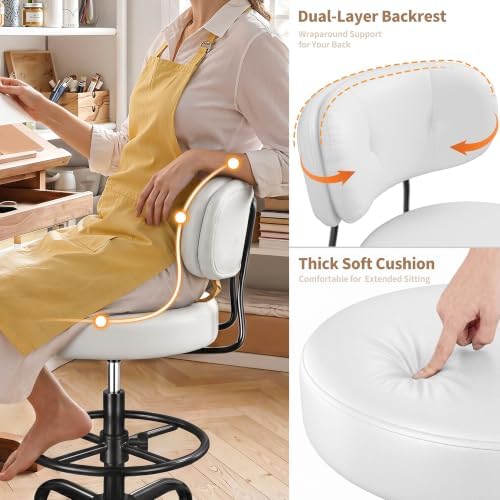 Homkdom Drafting Chair, White PU Leather