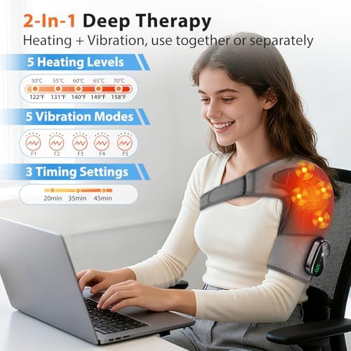 Shoulder Heating Pad with Massage for Rotator Cuff Cordless, Shoulder Massager for Pain Relief Deep Tissue, Heated Shoulder Wrap Brace for Men Women Frozen Shoulder
