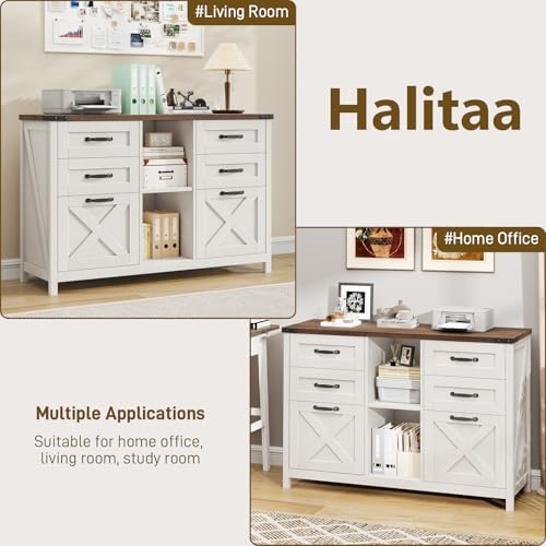 Halitaa Farmhouse Lateral File Cabinet with 6 Drawers, White and Brown