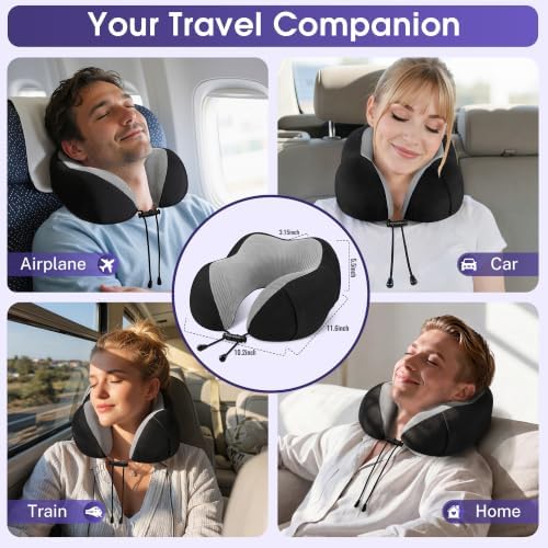 CloudBliss Memory Foam Travel Neck Pillow Airplane, Set of 2, Black & Pink