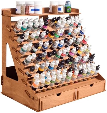 Plydolex Plywood Storage Rack - 105 Bottle Holes for 17 ml Vallejo Paints, 14 Paintbrush Slots, 6 Miniature Stands, 2 Drawers, a Shelf & a Brush Tray - Works for DnD, Warhammer 40K and Other Minis