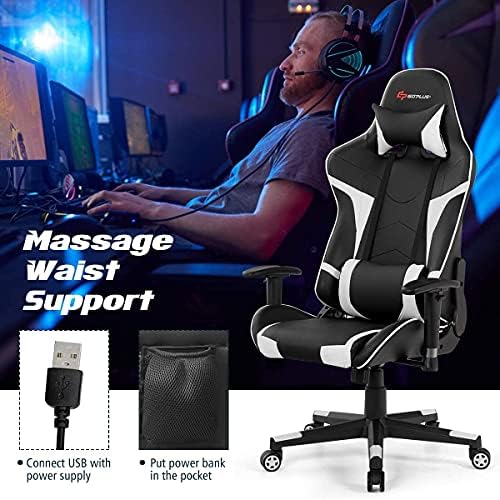 Massage Gaming Chair, High Back Office Computer Chair with Headrest and Lumbar Support, Racing Style Reclining Swiveling Game Chair for Home Office (White)