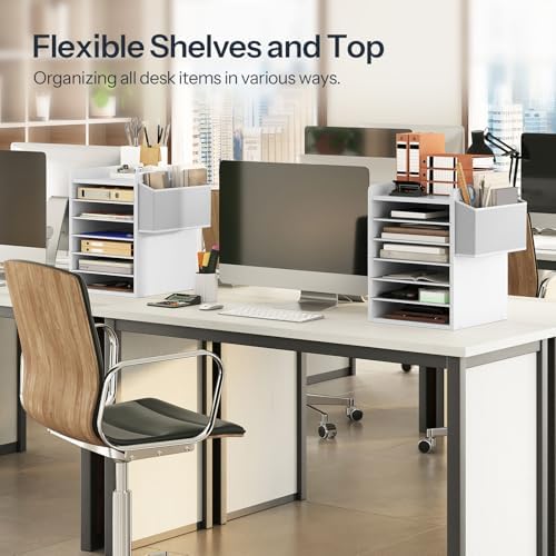 HOOBRO Adjustable Countertop Mail Sorter, 6 Tier Wooden Paper Organizer, Vertical Literature Organizer with Side Storage, Office Mailbox Cubbies, Classroom Mailbox, for Home, Office, White WT34WF01