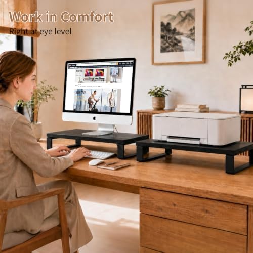 XINYAO 2 Pack Monitor Riser for Desk, Wood and Steel, 16*12*3 inch, Black