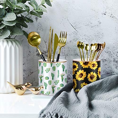 Pen Holder, Cute Pencil Holder for Desk, Makeup Brush Holder Floral Pattern, Pencil Cup for Girls Women, Durable Ceramic Desk Organizer Flower Decor for Office, Classroom, Sunflower