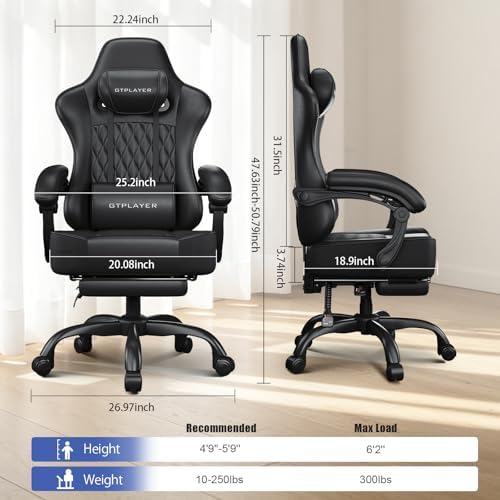 GTPLAYER Gaming Chair, Computer Office Chair with Pocket Spring Cushion, Linkage Armrests, Comfortable Leather Computer Chair, Black