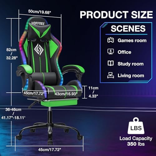 RGB Gaming Chair with Bluetooth Speakers LED Lights Computer Chair-Green