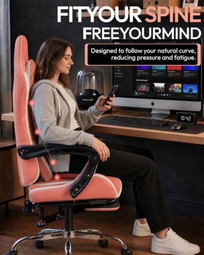 Dowinx Ergonomic Pink Gaming Chair with Footrest & Massage Lumbar, 2D-Linkage Armrests for Cute Aesthetic Esports Chair for Girls, Office, Home and Long Gaming Sessions, Pink
