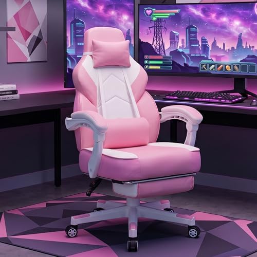 Gaming Chair for Adults, Video Game Chair with Footrest, Big and Tall Gaming Chair Heavy Duty Computer Chair with Massage Lumbar, Ergonomic Adjustable Height and 360° Swivel Seat, PU Leather, Pink