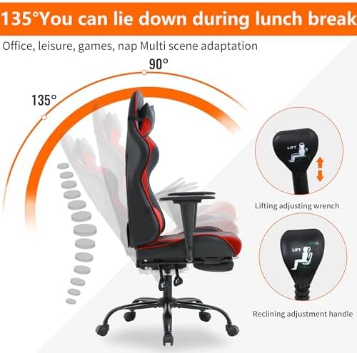 Gaming Chair, High Back PU Leather Gaming Chairs Computer Chair with Headrest & Lumbar Support, Height Adjustable Wide Seat Gaming Chairs for Adults, Game Chair with Footrest & Armrest