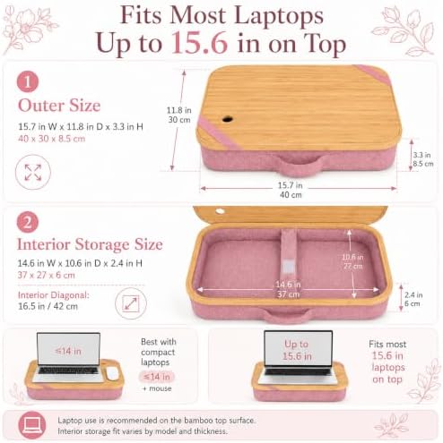 Mayjoy Bamboo Laptop Lap Desk with Storage, Removable Cover, Pink
