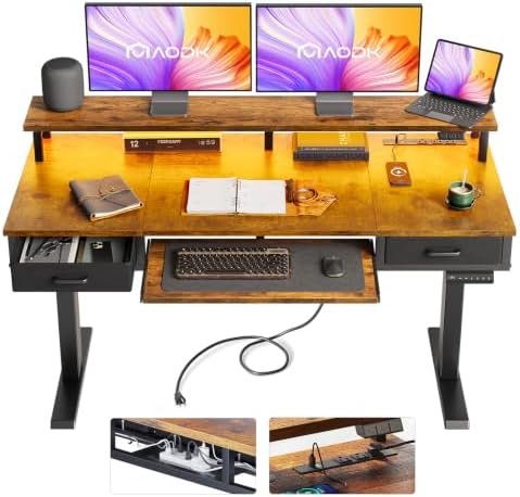 AODK 55 Inch Standing Desk with Drawers & Keyboard Tray, Rustic Brown