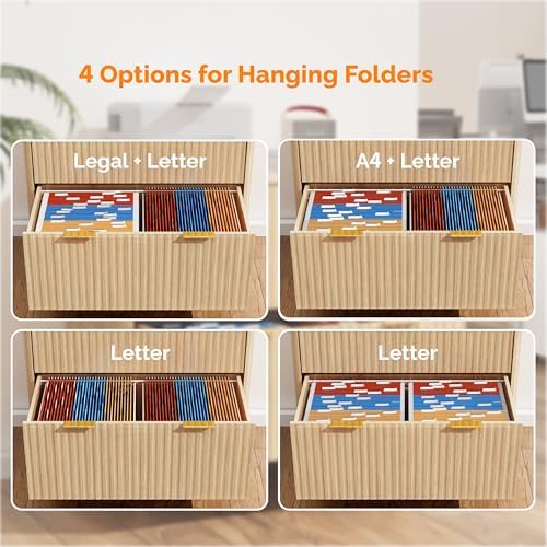VINGLI Fluted 2 Drawer Lateral File Cabinet, Home Office Filing Cabinet for Letter Legal A4 Size File Folder Storage, Wood Lateral Filing Cabinet, Printer Stand, Archivador