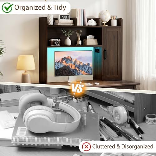 Desktop Bookshelf, Desk Hutch with RGB LED Lights & Power Outlets