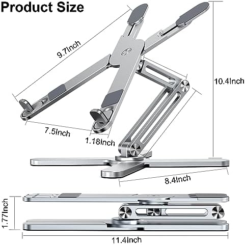 LIENS Adjustable Laptop Stand with 360 Rotating Base, Aluminum Laptop Riser for Desk Foldable, Ergonomic Notebook Stand Holder Compatible with iPad and MacBook/All Laptops up to 16 inches - Silver