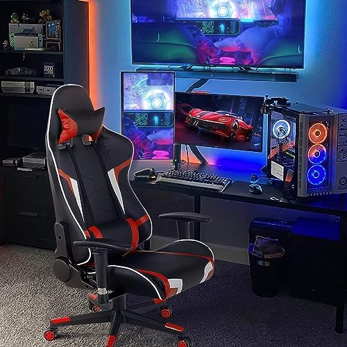 DORTALA Ergonomic Gaming Chair, High-Back Racing Chair w/Massage Lumbar Support, Extra Power Bank Pocket, 360° Swivel, Adjustable Backrest & Armrest, for Office, Game Room (Red)