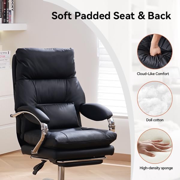 LEAGOO Office Chair with Foot Rest, Ergonomic Executive Office Chair with Arms, Reclining High Back PU Leather Comfy Swivel Computer Desk Chairs with Wheels (Inky‌)